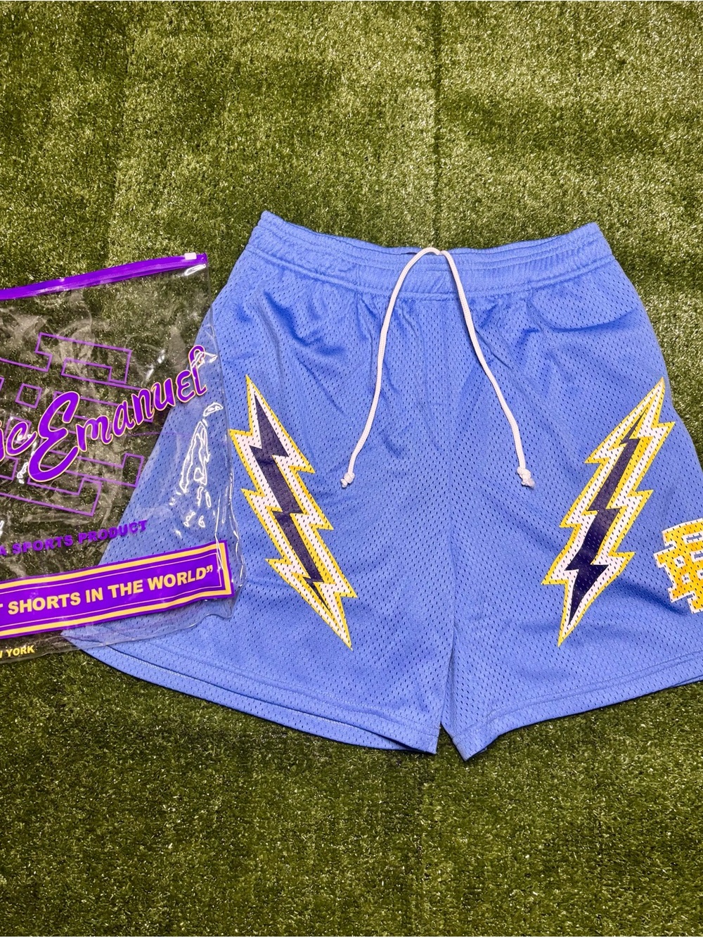 Eric Emanuel Men's Periwinkle Athletic Mesh Shorts with Yellow & Navy Lightning
